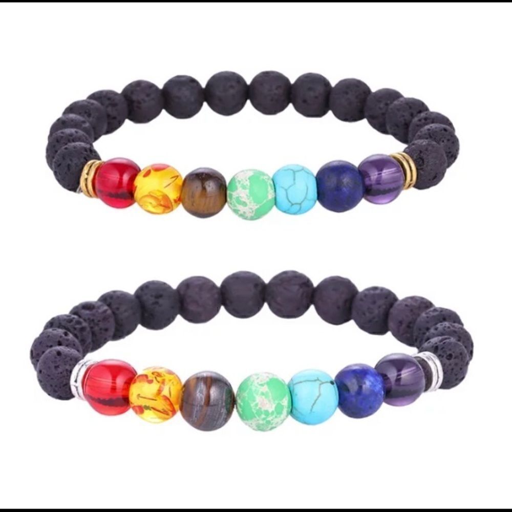 Set of (2) Essential Oil Diffuser Chakra / Black Lava Rock Stone Bead Bracelets